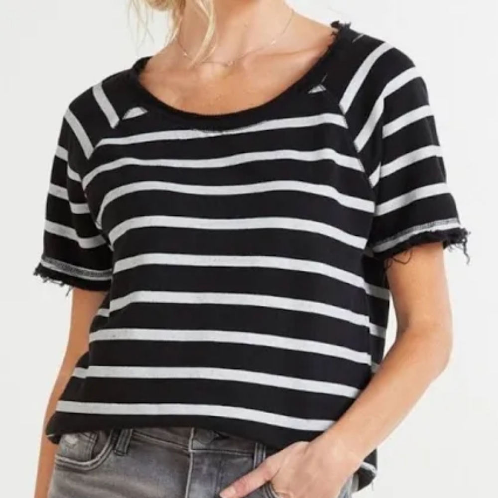 LAST CALL Chaser Black and White Striped Short Sleeve Tee